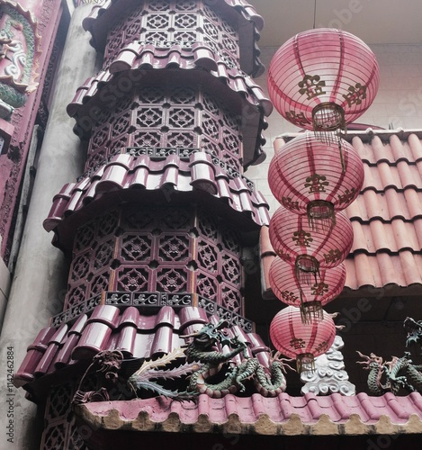 Dynamic and intricate architectural details of a Chinese temple