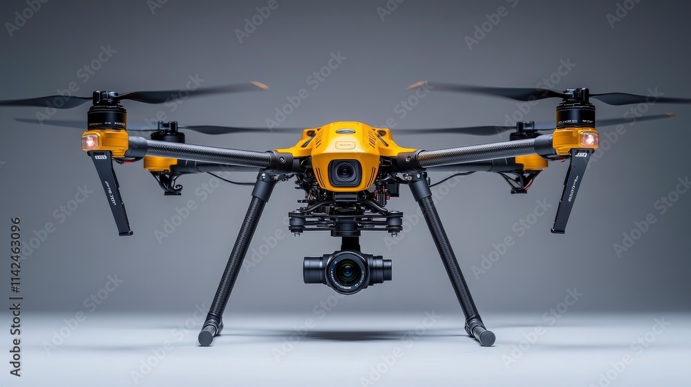 Fototapeta premium High-Definition Yellow Drone with Camera and Advanced Technology Captured in Studio Lighting on a Clean Background
