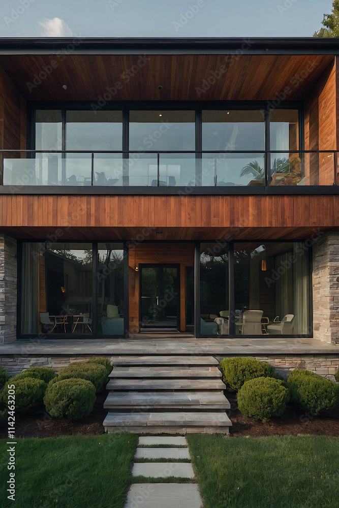 Modern home with stone and wood exterior. Large windows and glass balcony on the second floor. Stone steps lead to the entrance. Landscaped lawn with shrubbery. Modern home with stone and wood exterior. Large windows and glass balcony on the second floor. Stone steps lead to the entrance. Landscaped lawn with shrubbery.