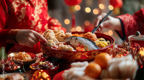 Chinese New Year dinner with steamed fish, dumplings, and family joy, surrounded by festive red and gold decorations in a warm, luxurious setting photo