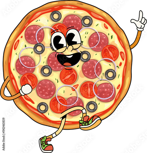 Groovy fast food pizza character. Isolated cartoon vector retro personage celebrates party and dancing. Funny, hippie, whole pepperoni fastfood pizza with wide, cheesy grin, exudes a cool, funky vibes