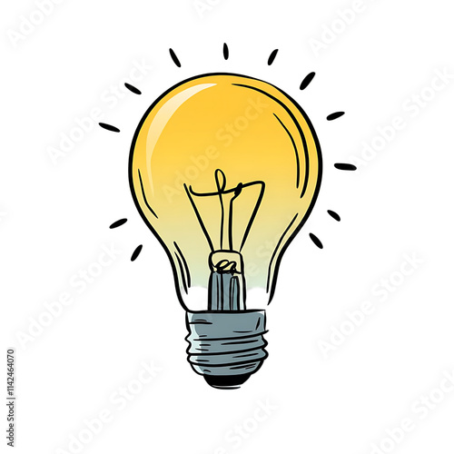 Vector Hand-Drawn Illustration of a Yellow Light Bulb Emitting a Soft Glow with Black Specks Inside, Isolated on Transparent Background