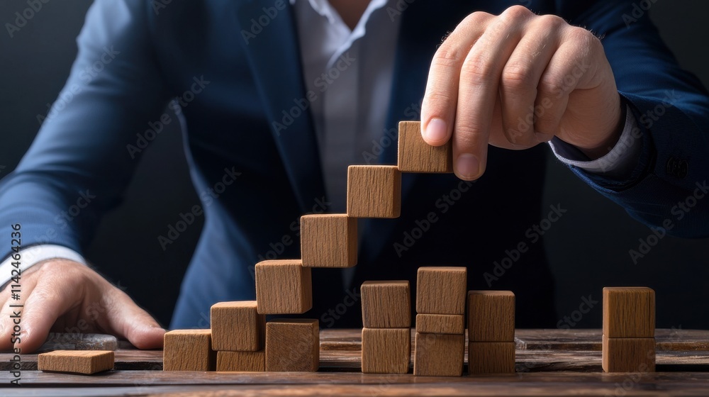 Businessman Climbing Wooden Block Stairs Towards Success and Opportunity Businessman Climbing Wooden Block Stairs Towards Success and Opportunity