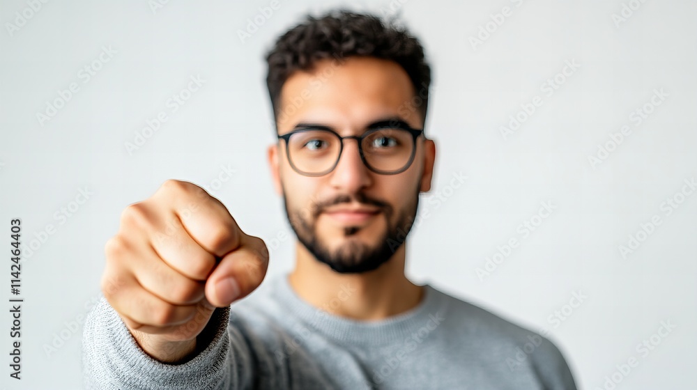 Close-up of a young man with glasses extending his fist towards the camera. He has a determined expression. The background is a plain, light gray. Close-up of a young man with glasses extending his fist towards the camera. He has a determined expression. The background is a plain, light gray.