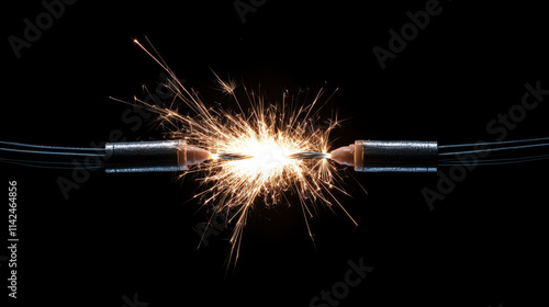 Two electrical cables are connected. Bright spark from two cables joining together in darkness