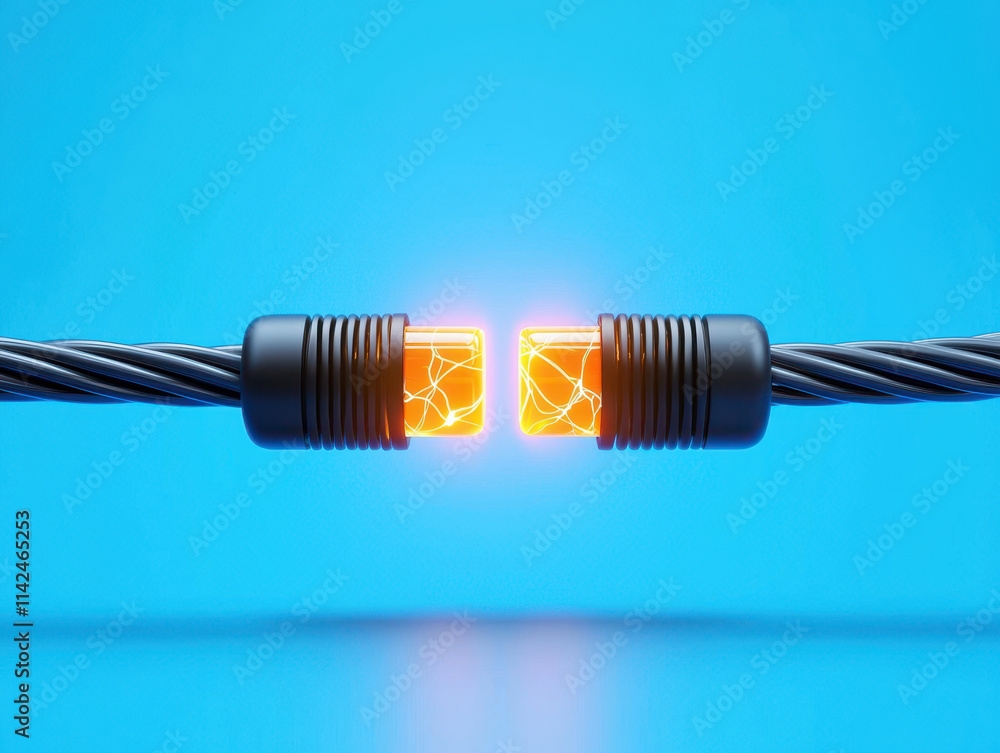Two electrical cables are connected. Glowing cables connect with energy on blue background Two electrical cables are connected. Glowing cables connect with energy on blue background