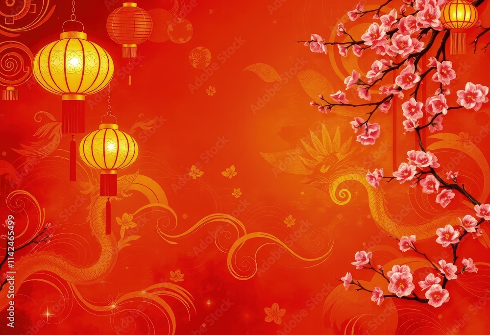 Chinese New Year Perfect Background - Chinese New Year Greeting Card - New Design - Lanterns - Elements of Chinese tradition - Colors of Chinese culture - Flowers - Perfect Any Project