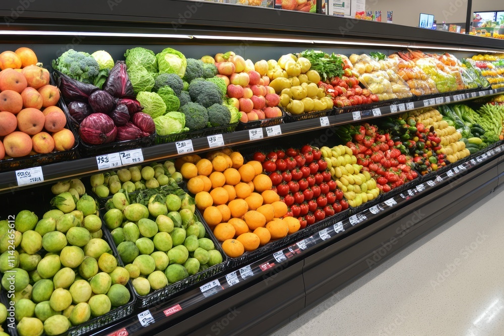 Vibrant Display of Fresh Fruits and Vegetables in Store Vibrant Display of Fresh Fruits and Vegetables in Store
