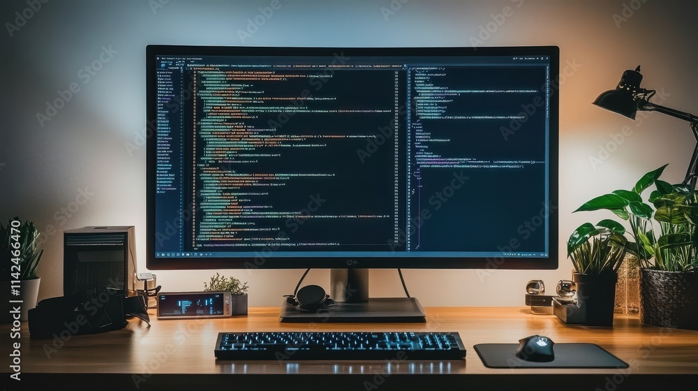 Modern Home Office Workspace with Computer Screen Displaying Code, Creative Lighting, and Indoor Plants for Technology and Productivity Themes Modern Home Office Workspace with Computer Screen Displaying Code, Creative Lighting, and Indoor Plants for Technology and Productivity Themes