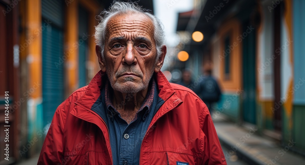 Hispanic elderly man serious wearing red jacket looking on camera Hispanic elderly man serious wearing red jacket looking on camera