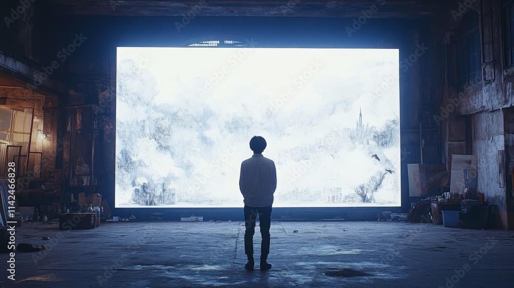 Fototapeta premium Person Standing in Front of Large Abstract Digital Screen in Abandoned Warehouse with Minimal Lighting and Artistic Background