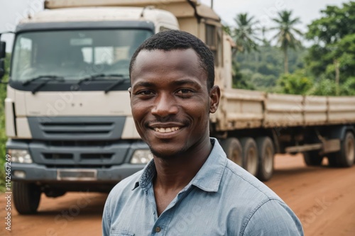 Close portrait of a smiling young Equatorial Guinean male truckdriver looking at the camera, against Equatorial Guinean blurred background.