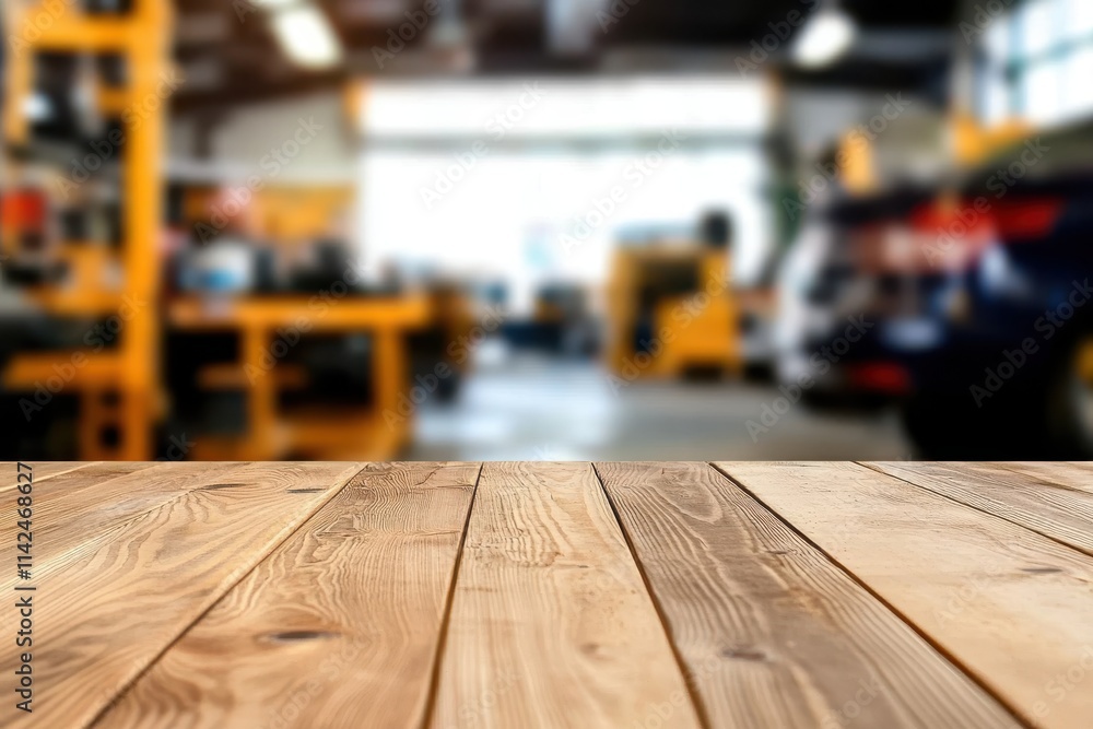 A wooden table with a clear surface in front of a blurred automotive workshop. The workshop is equipped with tools and cars, indicating a busy environment. A wooden table with a clear surface in front of a blurred automotive workshop. The workshop is equipped with tools and cars, indicating a busy environment.