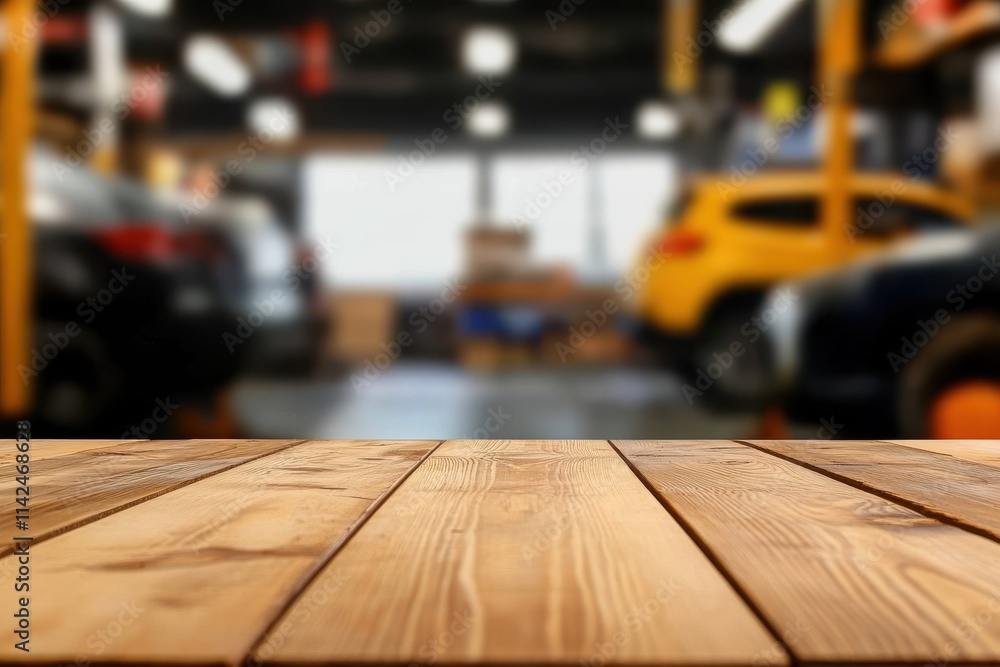 Wooden table in the foreground with a blurred automotive workshop in the background, highlighting the bustling environment of vehicle maintenance and repair. Wooden table in the foreground with a blurred automotive workshop in the background, highlighting the bustling environment of vehicle maintenance and repair.