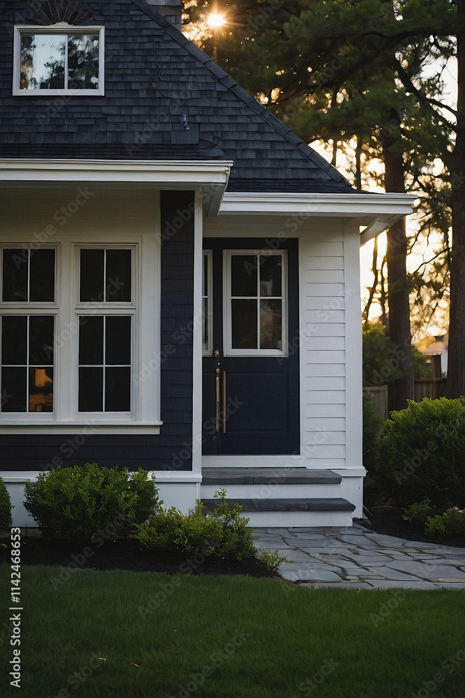 Obraz premium A dark-blue-and-white house's exterior, showcasing a front door, windows, and a stone pathway, is partially illuminated by the setting sun. Landscaping includes grass and shrubs.