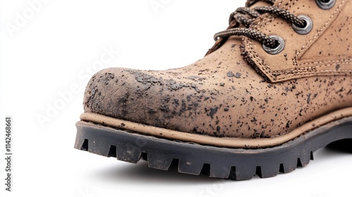 Rugged Combat Boot with Visible Mud Stains on White Background photo