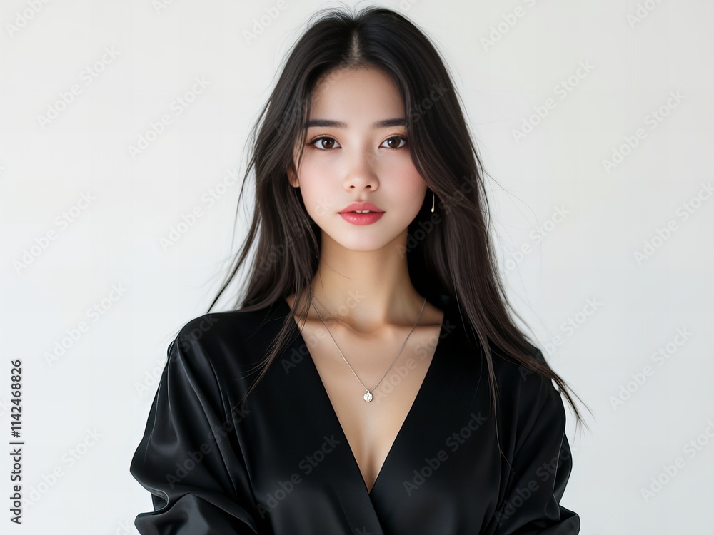 Elegant woman in black outfit posing confidently, modern fashion portrait, minimalistic background, stylish young female, natural beauty, sophisticated look, contemporary fashion photography. Elegant woman in black outfit posing confidently, modern fashion portrait, minimalistic background, stylish young female, natural beauty, sophisticated look, contemporary fashion photography.