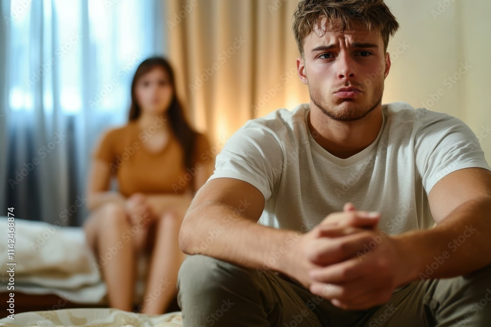 A thoughtful man is seated at the forefront, hands clasped, with a blurred woman in the background, portraying themes of contemplation and emotional distance.