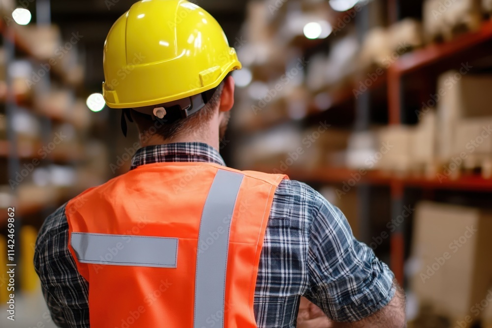 The image depicts a warehouse worker from the back, wearing a vibrant orange safety vest and yellow hard hat, focusing on their tasks within an industrial setting. The image depicts a warehouse worker from the back, wearing a vibrant orange safety vest and yellow hard hat, focusing on their tasks within an industrial setting.