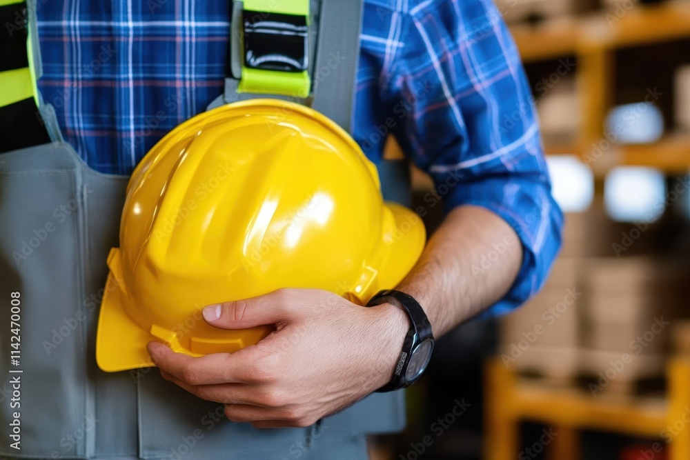 An industrial worker in a plaid shirt and safety overalls holds a yellow hard hat in a well-organized workspace, emphasizing industrial safety and preparedness. An industrial worker in a plaid shirt and safety overalls holds a yellow hard hat in a well-organized workspace, emphasizing industrial safety and preparedness.
