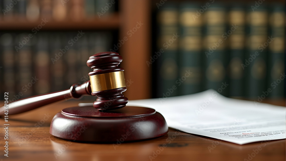 Gavel, legal document, and blurred books create a compelling image of justice, law, and legal proceedings. A symbol of legal authority. Gavel, legal document, and blurred books create a compelling image of justice, law, and legal proceedings. A symbol of legal authority.