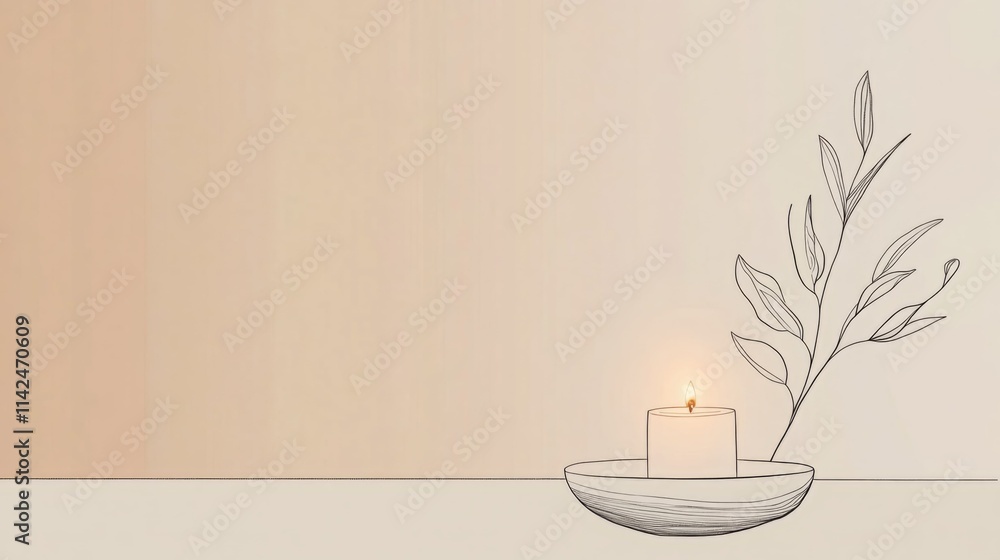 Peaceful candlelight scene with delicate line art of leaves, creating a serene and calming atmosphere. Peaceful candlelight scene with delicate line art of leaves, creating a serene and calming atmosphere.