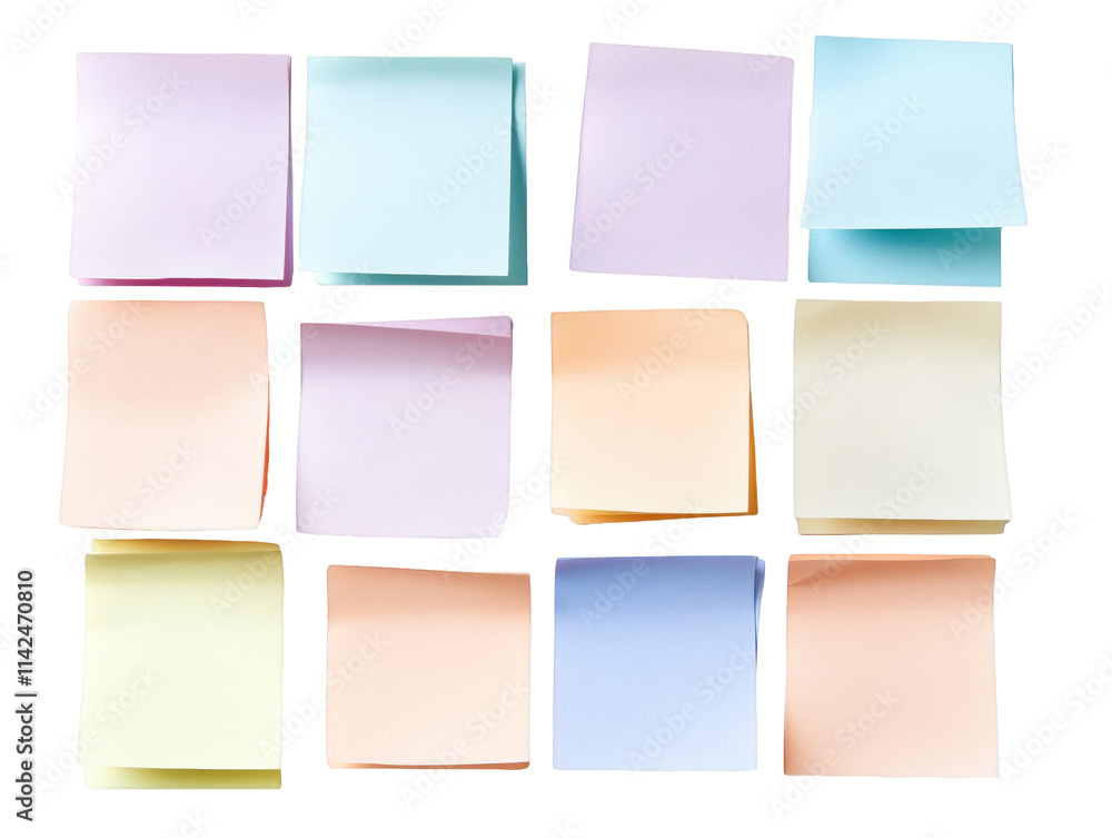 Fototapeta premium A collection of colorful sticky notes arranged in a grid pattern, showcasing various pastel shades on white background , cut out. 
