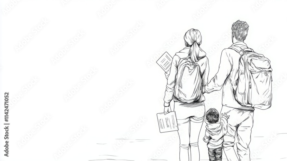 Family of three, viewed from behind, with backpacks, holding hands, looking at a map. Family of three, viewed from behind, with backpacks, holding hands, looking at a map.