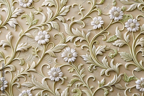 ornate vintage wallpaper with embossed daisy flowers and scrolling leaves in soothing natural tones wallpaper background photo