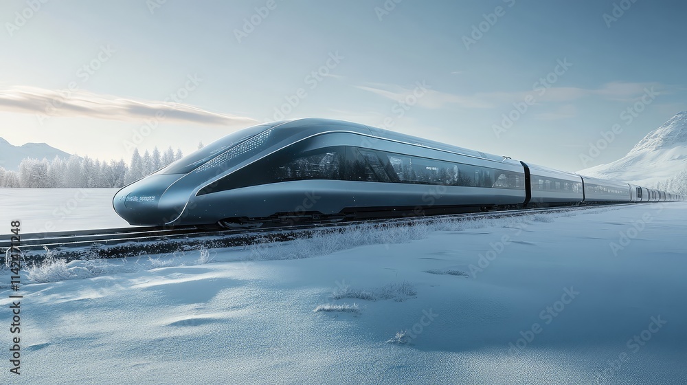 A bullet train in a snowy landscape, with frost-covered tracks and a white, pristine background enhancing its sleek form A bullet train in a snowy landscape, with frost-covered tracks and a white, pristine background enhancing its sleek form