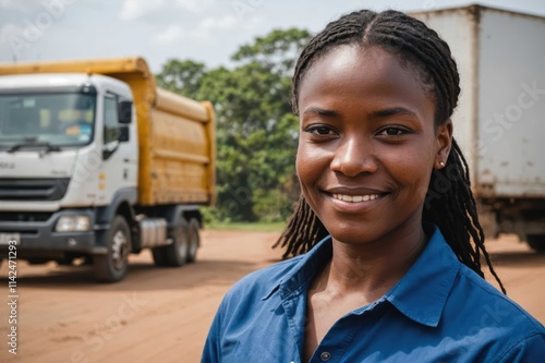 Close portrait of a smiling young Gabonese female truckdriver looking at the camera, against Gabonese blurred background.