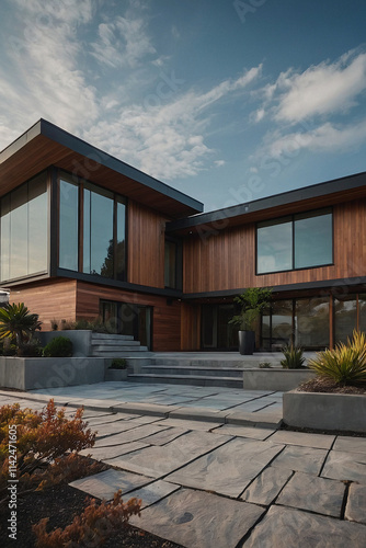 Modern house with dark brown wood siding, large windows, and a multi-level stone patio.  Landscaping includes plants and retaining walls.  The sky is partly cloudy.