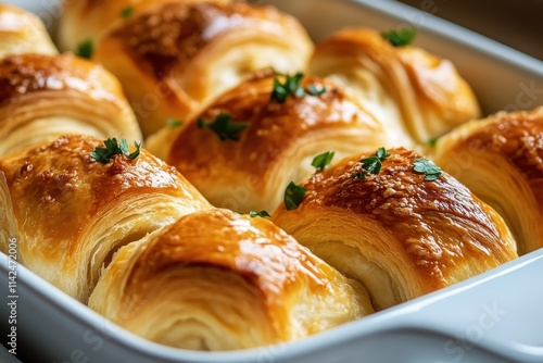 Golden croissants, their buttery layers acutely visible, are artistically adorned with a sprinkling of fresh green garnish, inviting indulgence in their rich flavor.