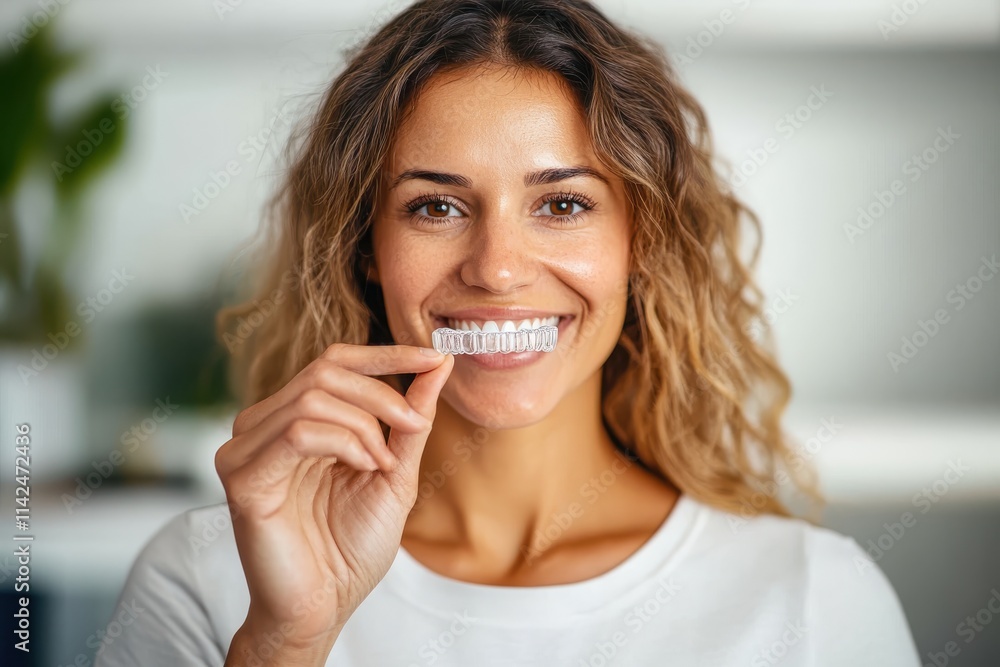 The picture shows a smiling woman holding a dental device, with her white teeth on display, in a bright and clean modern interior, emphasizing oral health and positivity.