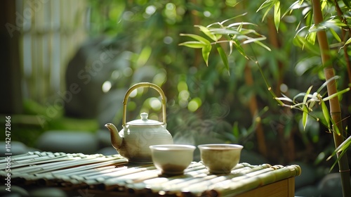 A teapot and two cups of tea sit on a bamboo table, surrounded by lush greenery. photo