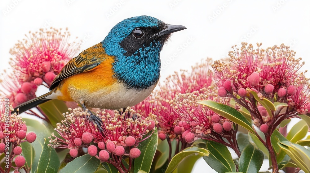 Obraz premium Vibrant Blue-Headed Bird Perched Among Pink Flowering Blooms in a Beautiful Natural Setting Featuring Colorful Flora and Fauna
