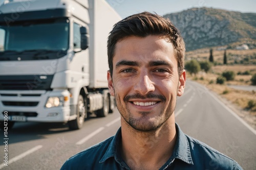 Close portrait of a smiling young Greek male truckdriver looking at the camera, against Greek blurred background.