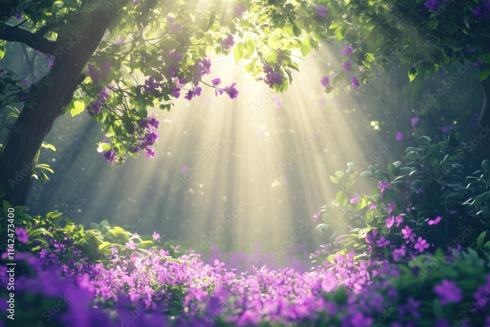 Naklejka premium Serene Forest Scene with Sunlight Streaming Through Trees