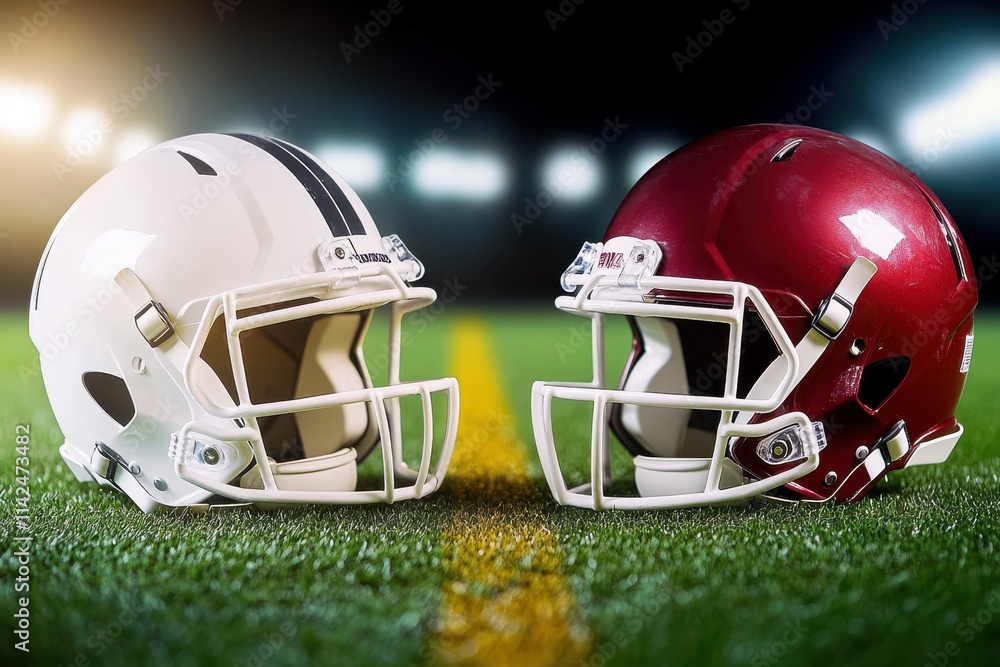 Fototapeta premium Two football helmets, one maroon and one white with black stripes, are positioned face-to-face on a well-lit grass field, symbolizing an impending sports rivalry.
