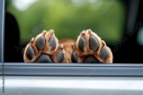 Enchanting and serene image of a dog's tiny paws hanging from a car window, suggesting a peaceful drive through nature or a quiet suburban neighborhood. photo