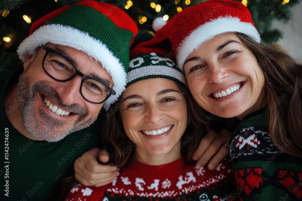 A group of friends beams with joy, dressed in Santa hats and vibrant sweaters, capturing the festive spirit as they celebrate Christmas with warmth and camaraderie. A group of friends beams with joy, dressed in Santa hats and vibrant sweaters, capturing the festive spirit as they celebrate Christmas with warmth and camaraderie.