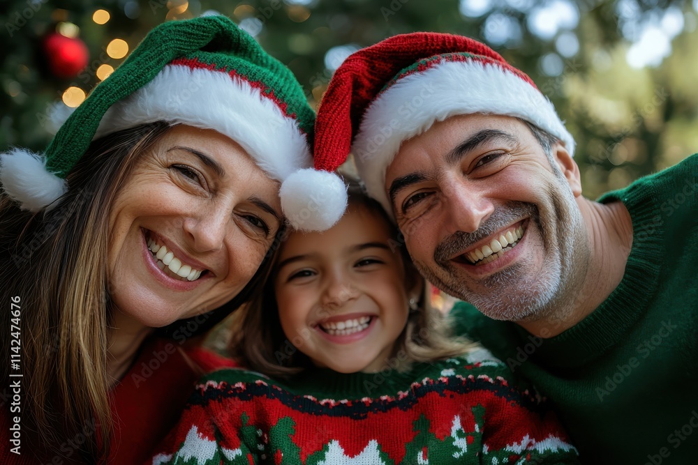 Smiling family of three in Santa hats, enjoying the festive ambiance, with Christmas lights and a decorated tree subtly glowing in the background behind them. Smiling family of three in Santa hats, enjoying the festive ambiance, with Christmas lights and a decorated tree subtly glowing in the background behind them.