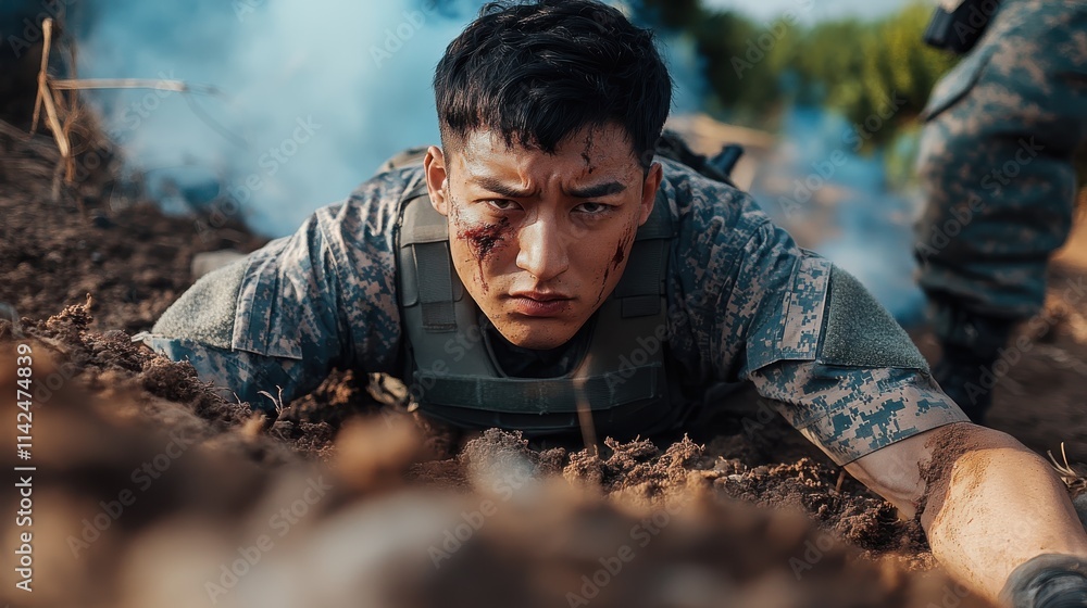 With a fierce look of determination, a soldier crawls through dirt, smeared with blood, amidst a backdrop of conflict, embodying strength and resilience. With a fierce look of determination, a soldier crawls through dirt, smeared with blood, amidst a backdrop of conflict, embodying strength and resilience.