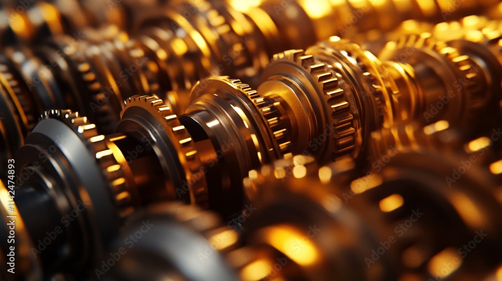 Golden gears rotating smoothly in complex machinery system Golden gears rotating smoothly in complex machinery system