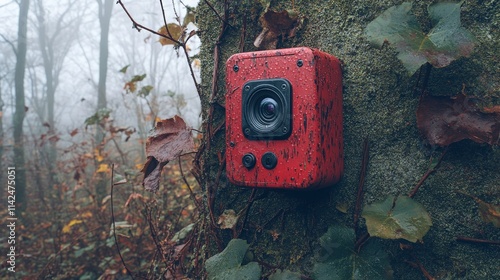 Weathered Red Camera Mounted on a Mossy Tree in a Misty Forest Landscape Capturing the Essence of Nature and Technology in Harmony photo