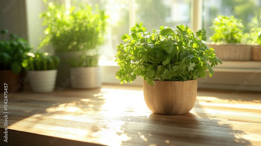 Fresh Parsley in a Wooden Bowl on a Sunlit Kitchen Counter Fresh Parsley in a Wooden Bowl on a Sunlit Kitchen Counter