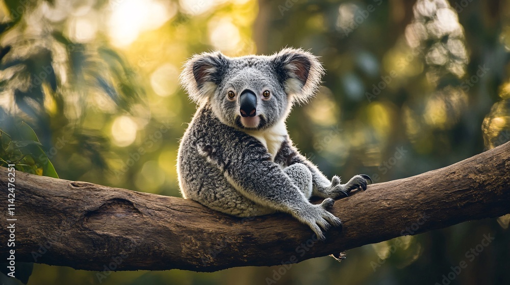 Fototapeta premium Koala sitting on a branch in the forest at sunset