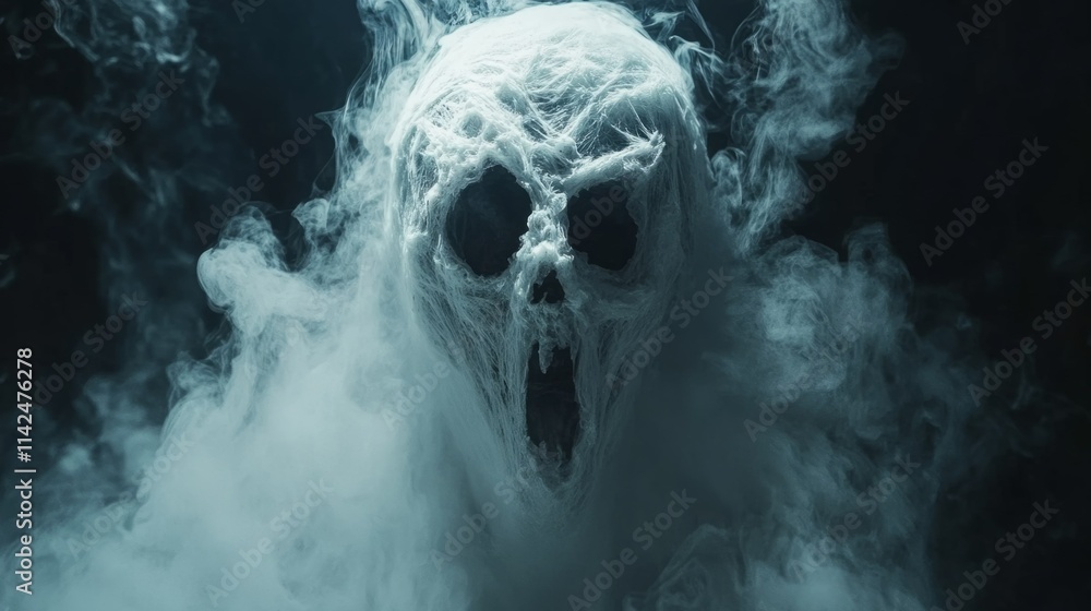 A terrifying skull emerges from ethereal smoke, its web-like texture adding to its eerie presence. A terrifying skull emerges from ethereal smoke, its web-like texture adding to its eerie presence.