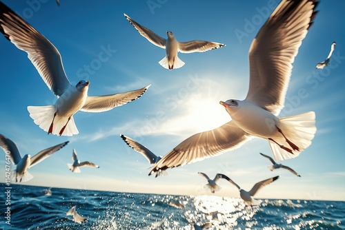 A vibrant flock of seagulls takes to the sky over a clear, blue ocean, the sunlight reflecting off the water, embodying the themes of freedom and nature's beauty. photo