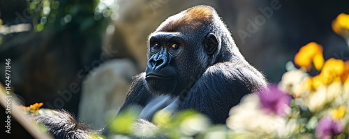 Western lowland gorilla relaxing near colorful flowers